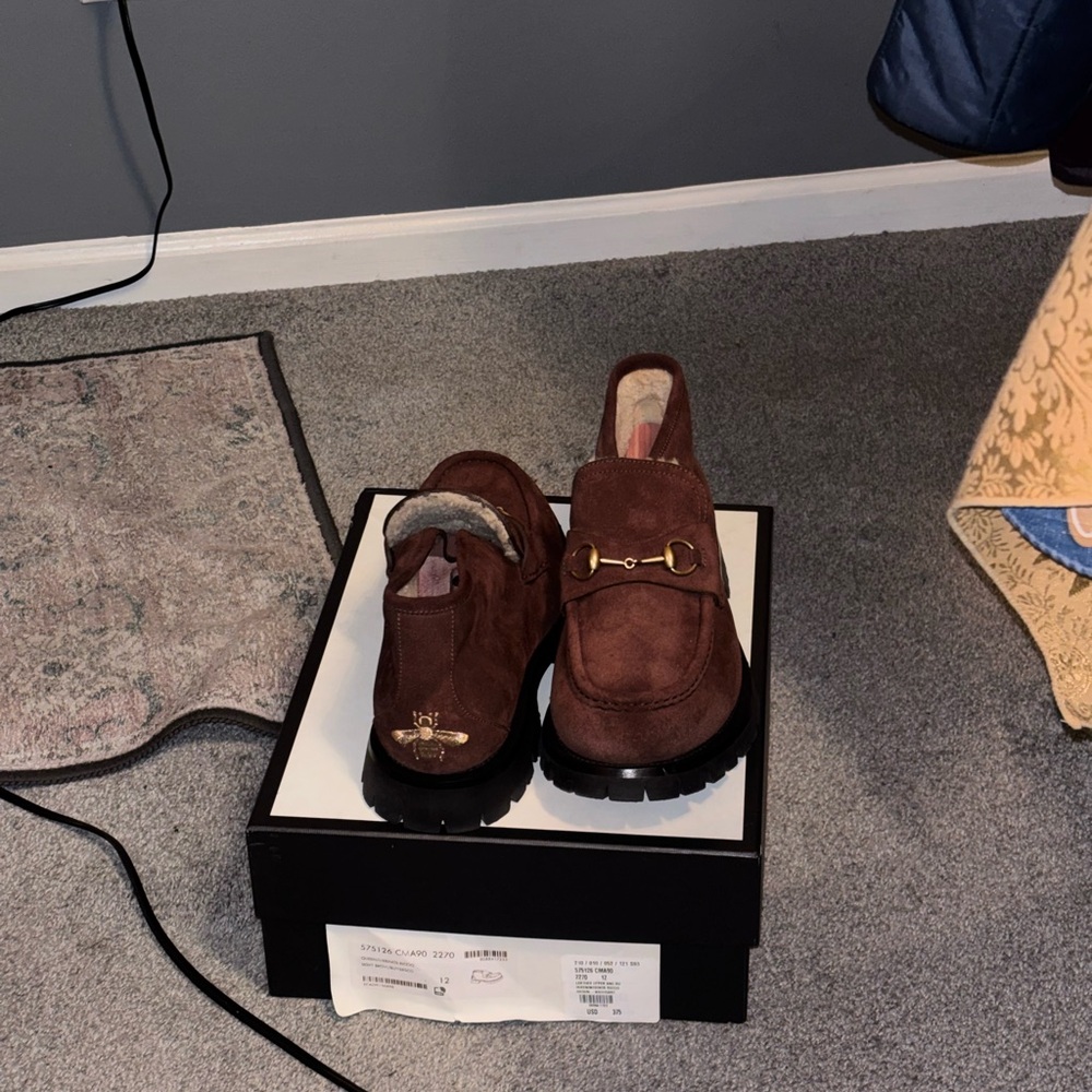 Gucci Chocolate Suede Loafers with Gold Hardware - Picture 2 of 3